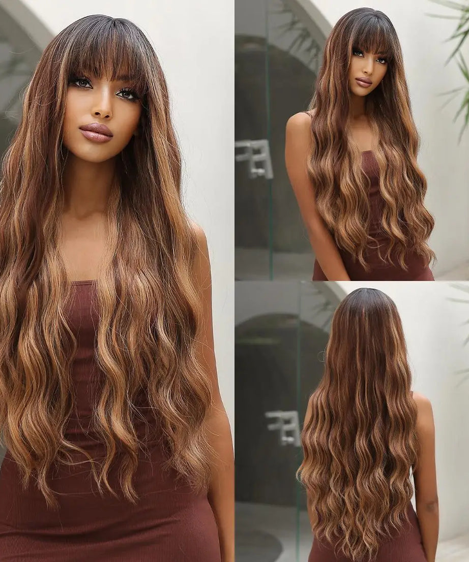 Brown Wavy Wigs for Women with Bangs Long