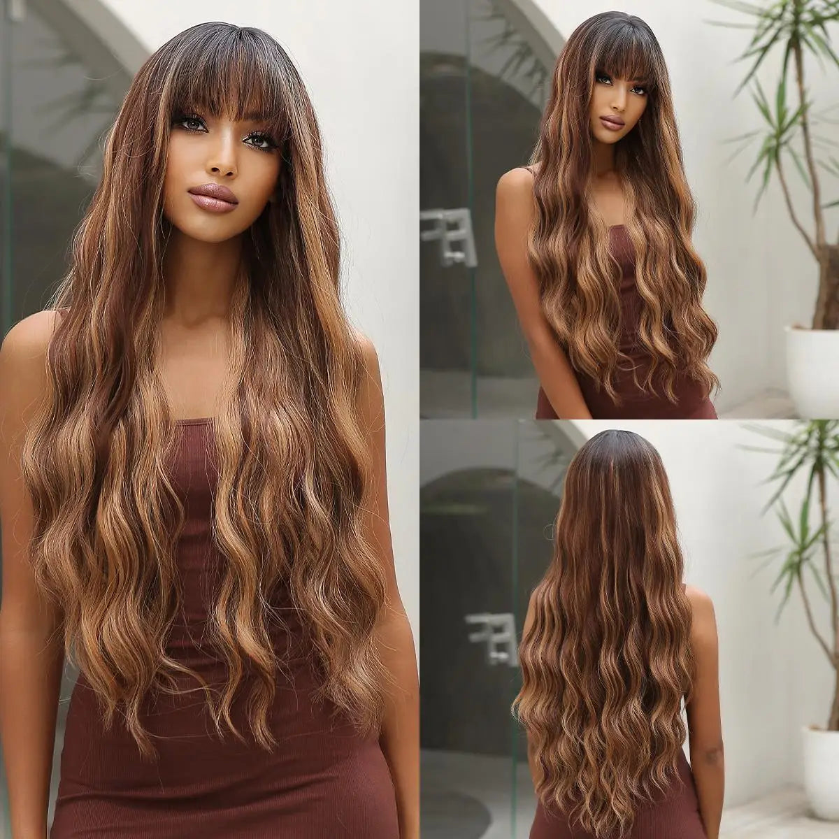 Brown Wavy Wigs for Women with Bangs Long