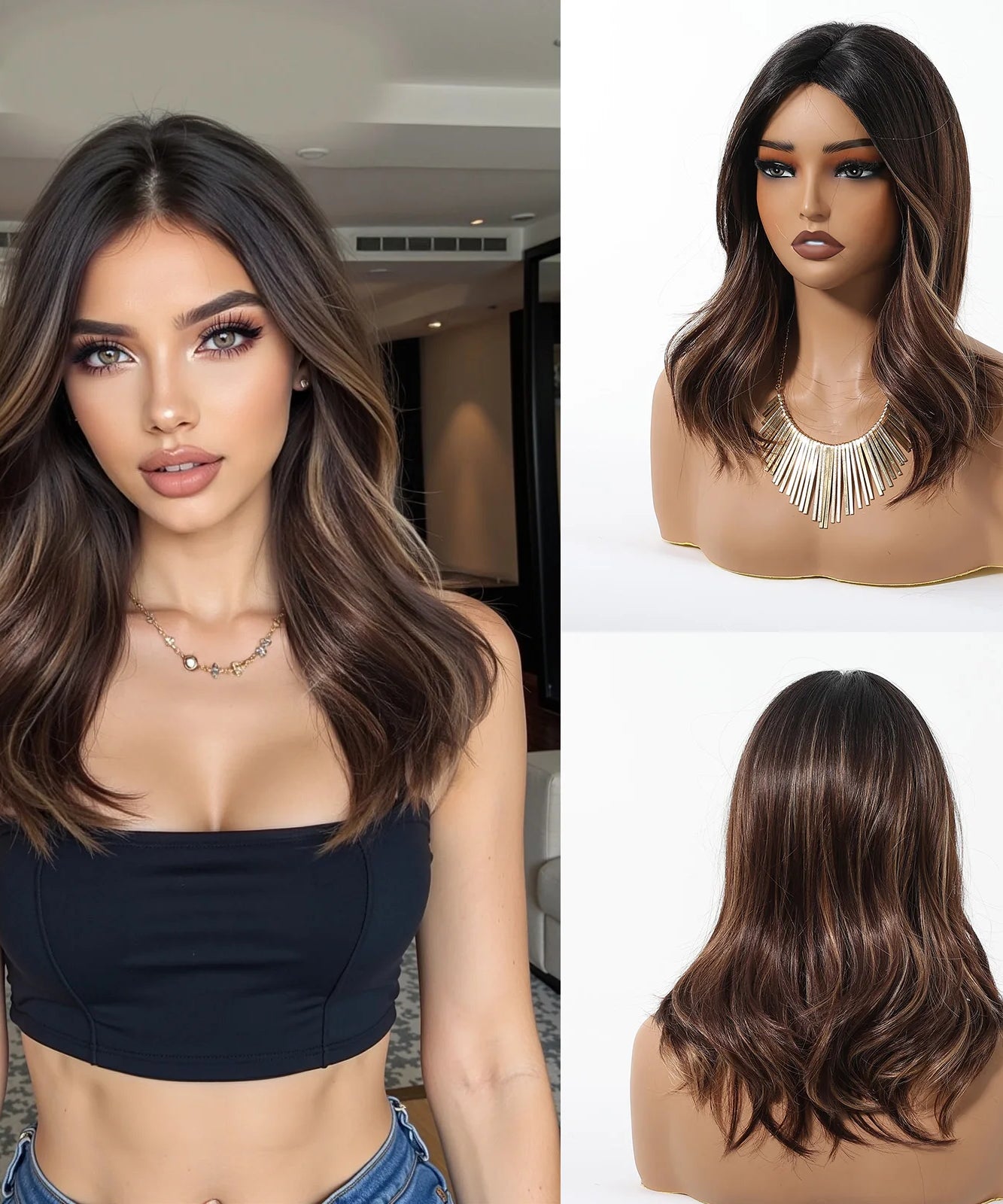 Blonde Brown Highlights Wigs Medium Length