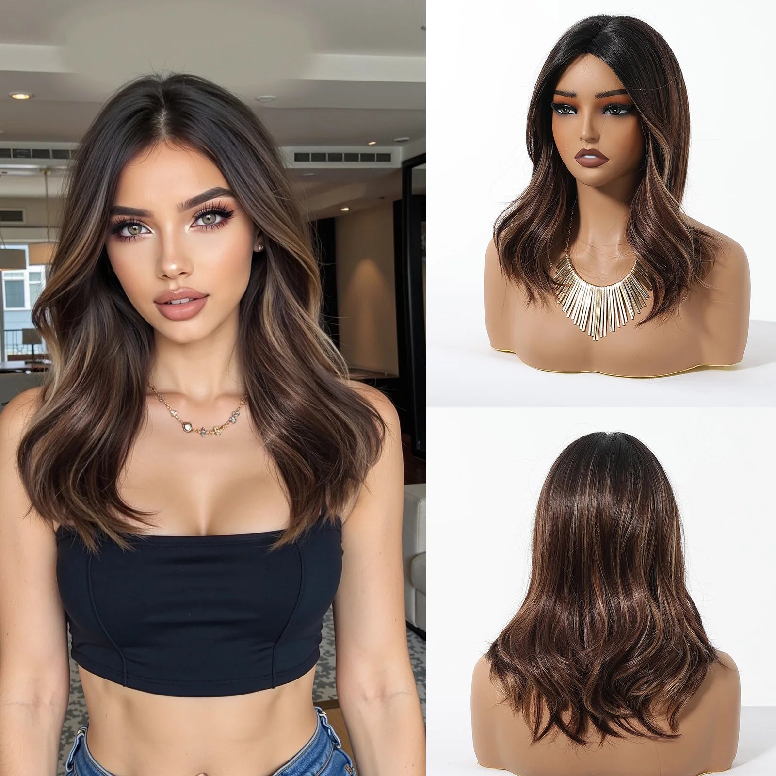 Blonde Brown Highlights Wigs Medium Length