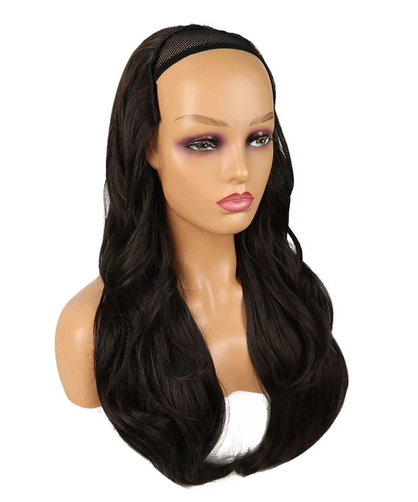 24Inch Synthetic Long Wavy Head Tied 3/4 Half Wigs for Women With Clips In Curly Hair Extension Black Hairpieces Wigs Daily Use