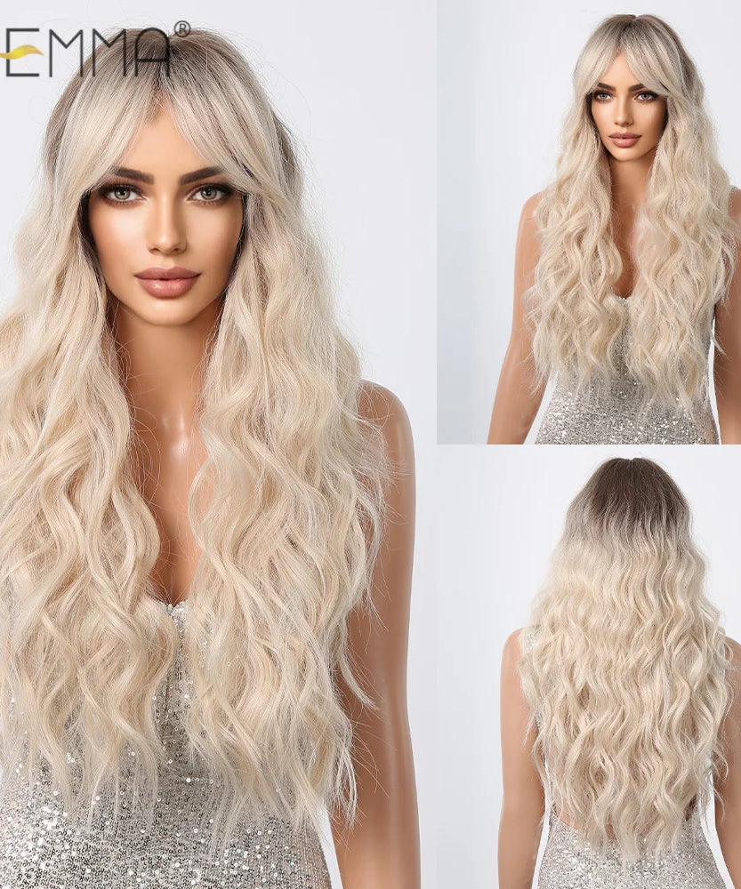 Pink Long Wavy Wigs with Bangs Synthetic Dark