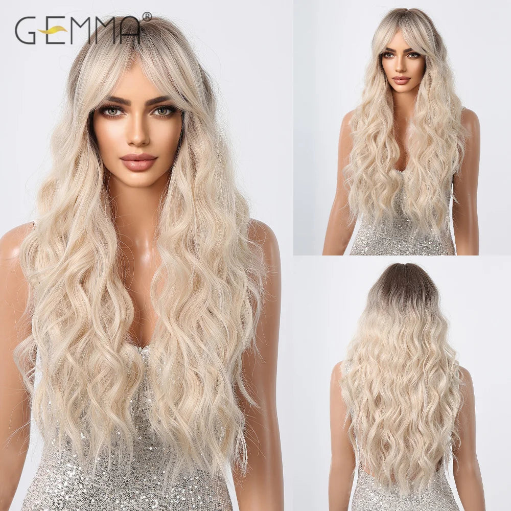 Pink Long Wavy Wigs with Bangs Synthetic Dark