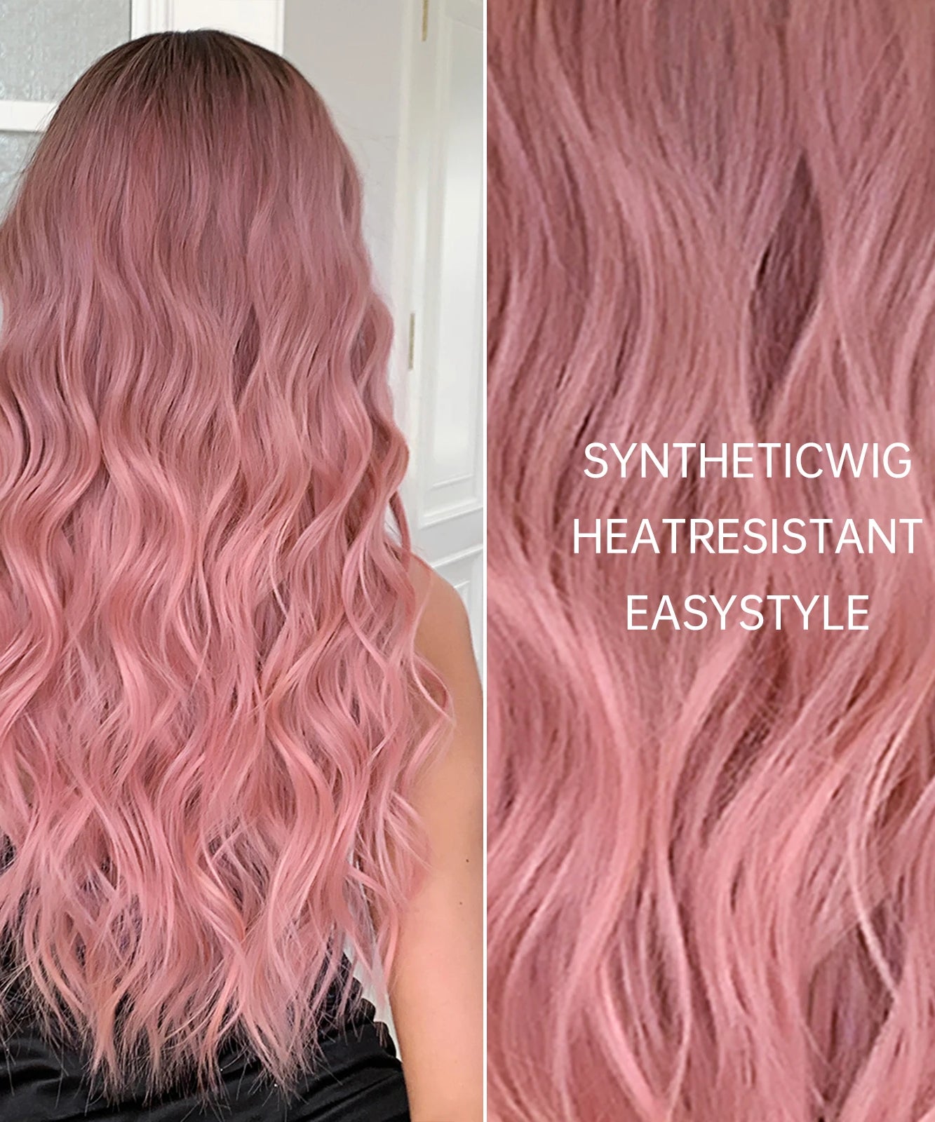 Pink Long Wavy Wigs with Bangs Synthetic Dark