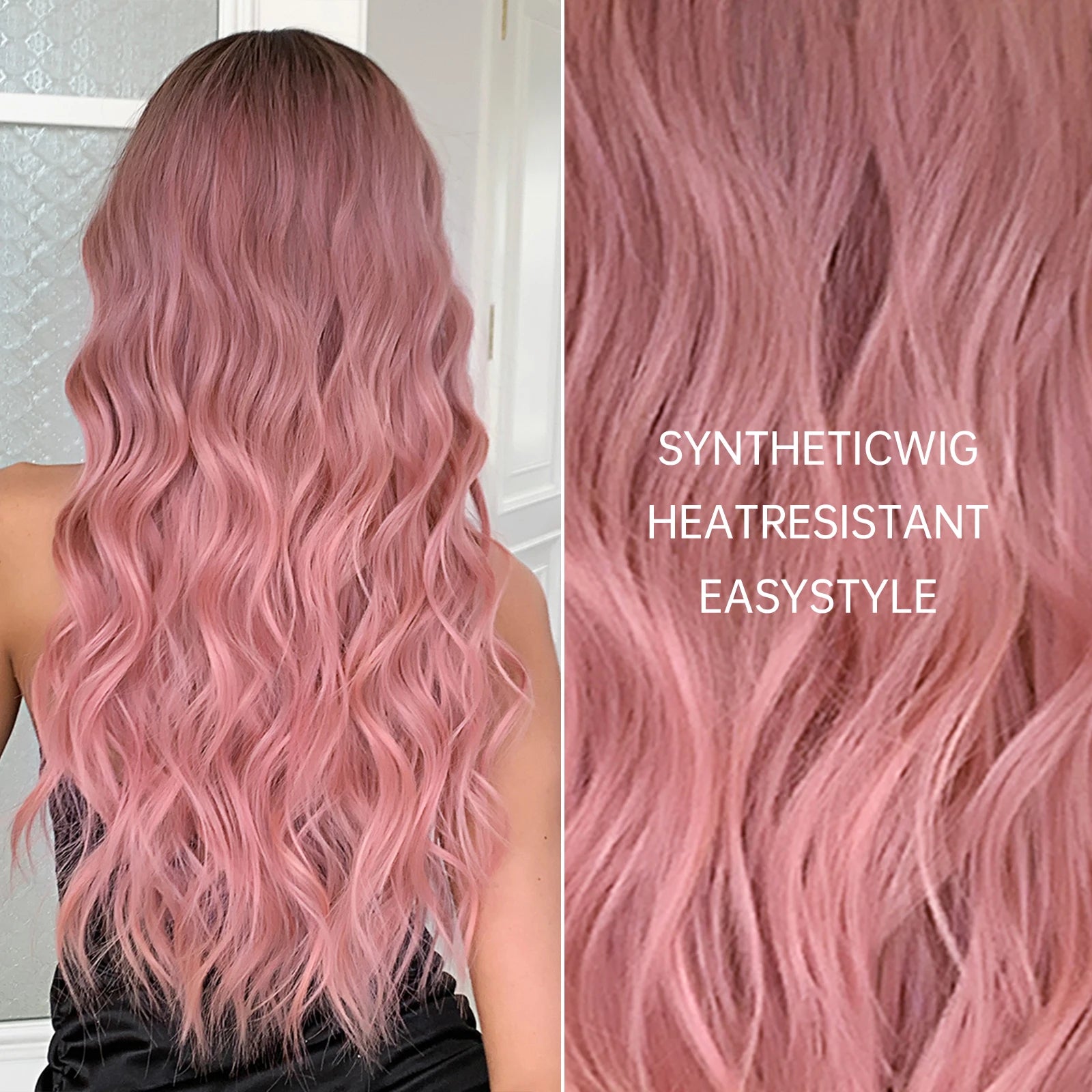 Pink Long Wavy Wigs with Bangs Synthetic Dark