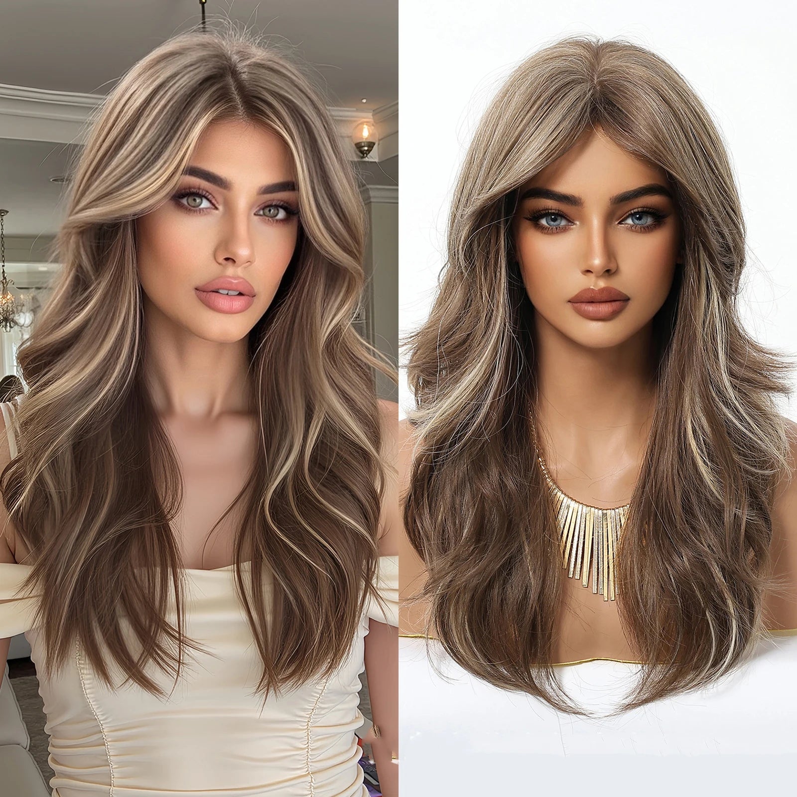 EASIHAIR Long Curly Synthetic Wigs with Bangs